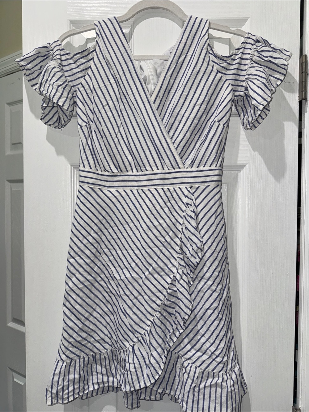 BB Dakota White Dress with Navy Stripes, One-Shoulder Ruffle